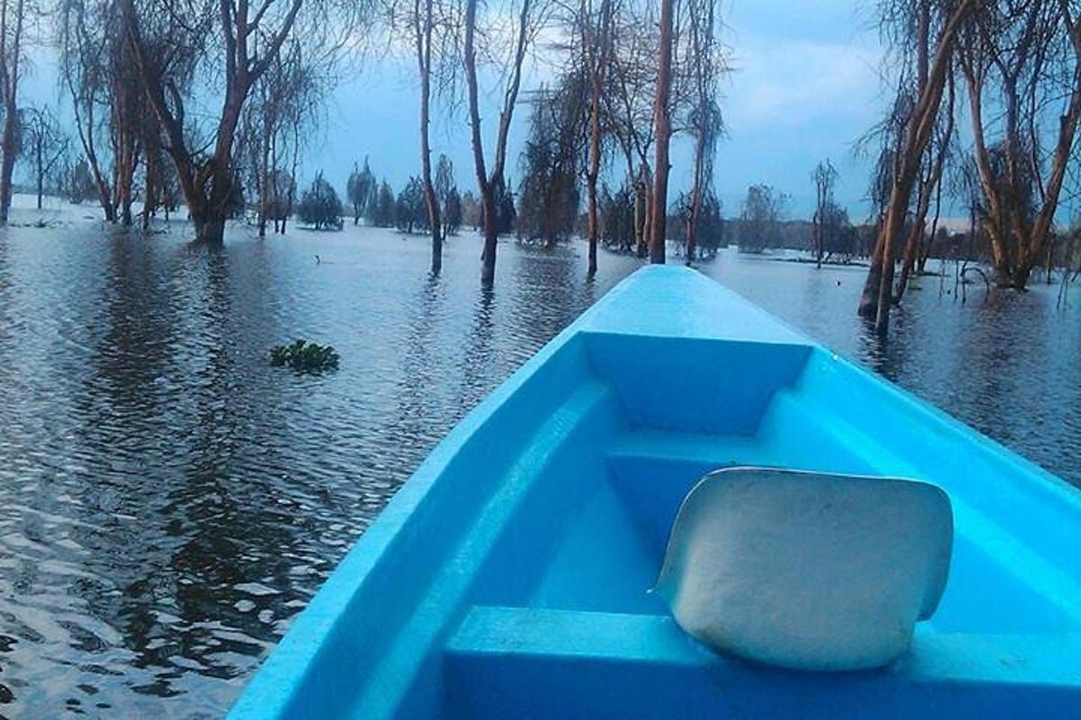 una barca blu con una sedia in acqua