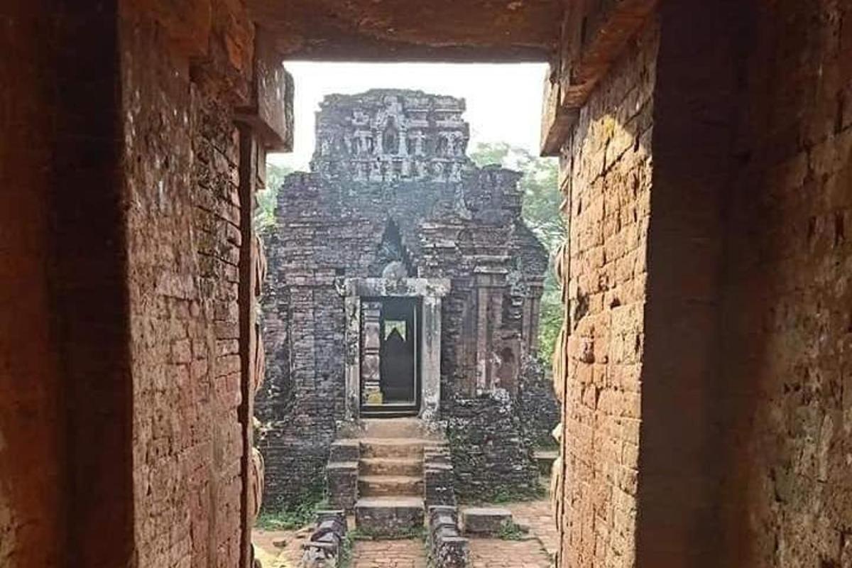 a view of a building through a doorway