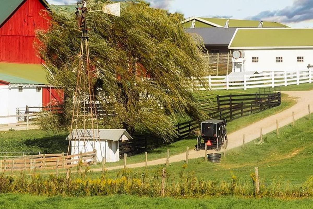 a black truck parked in a field next to a barn