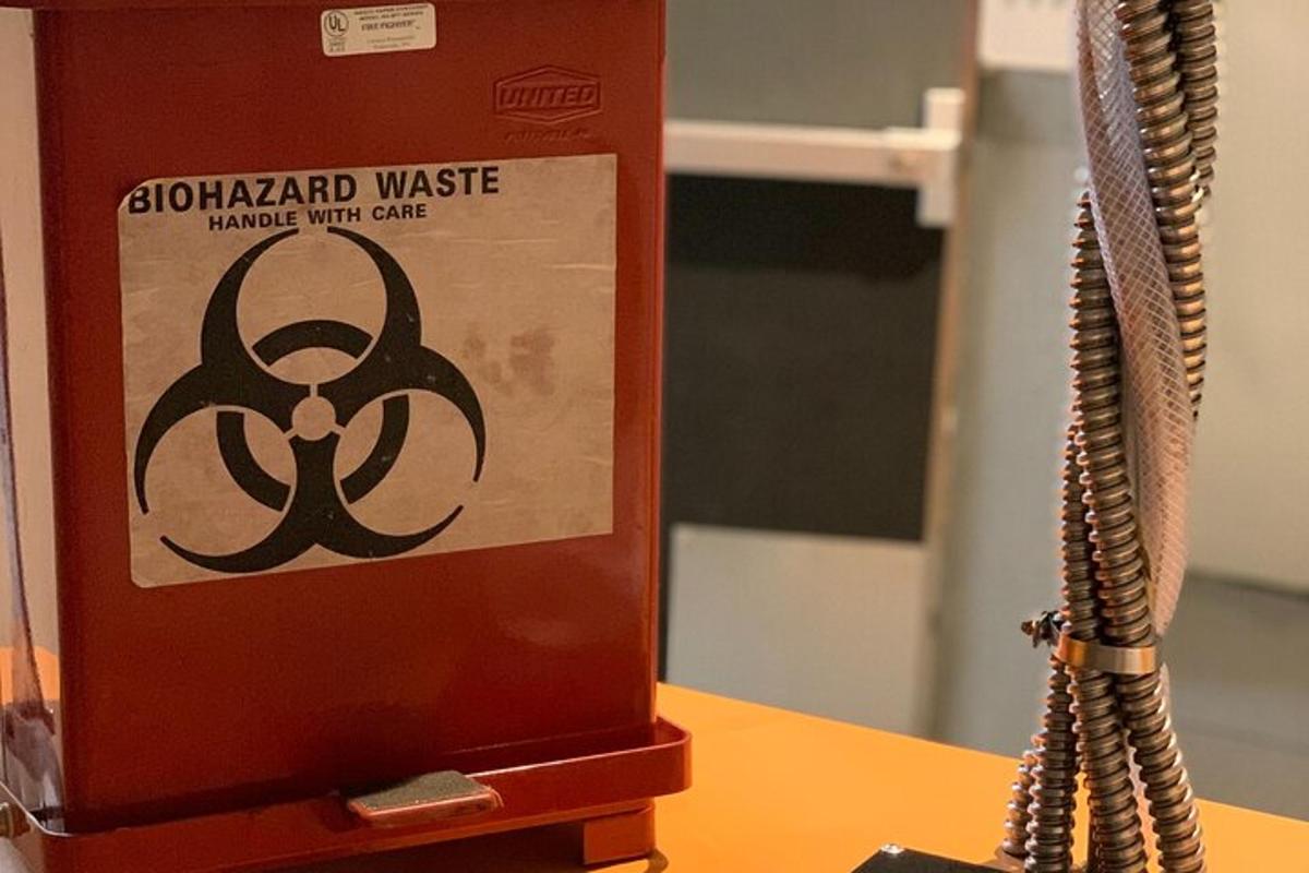 a machine with a sign on it sitting on a table