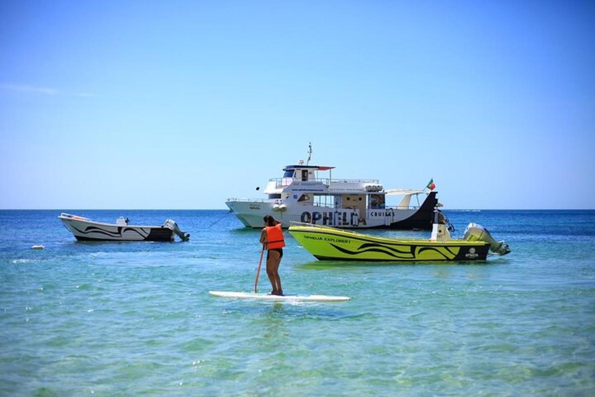 o persoană pe o placă de surf în apă cu bărci