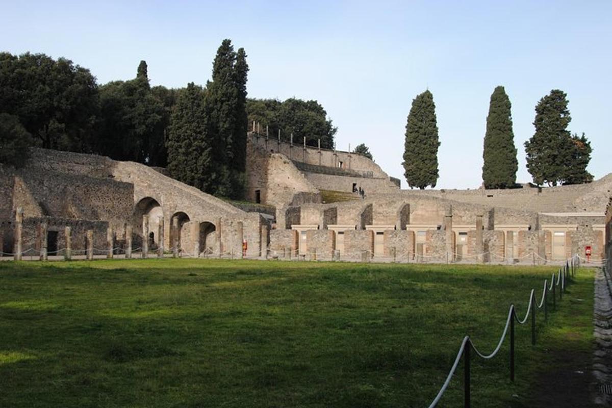 un grande edificio con un campo erboso e alberi