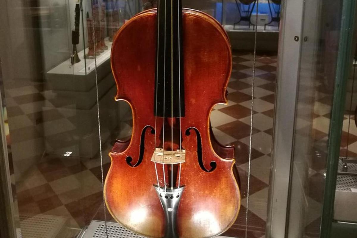 un violino esposto in una teca di vetro