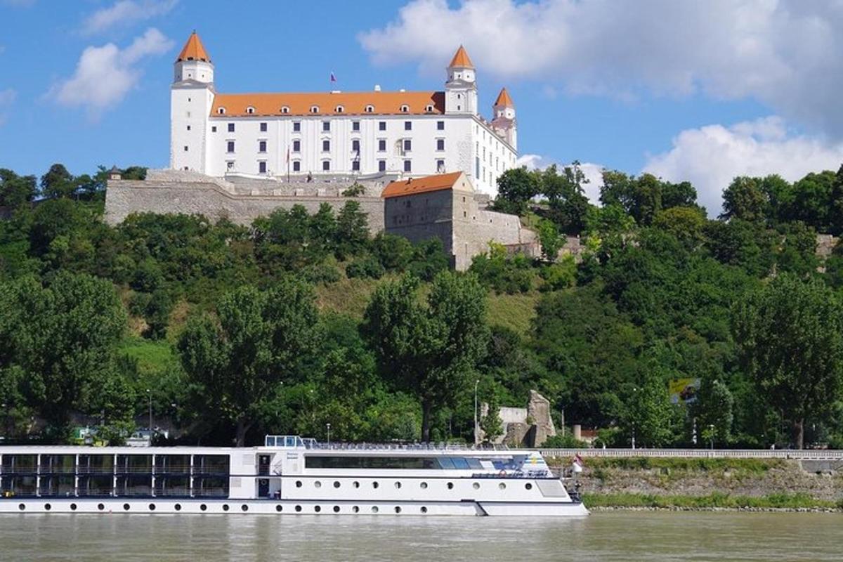 una nave da crociera sull'acqua di fronte a un castello