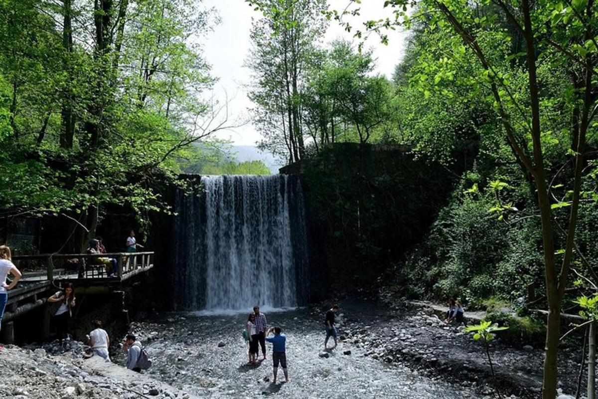 a group of people standing in front of a waterfall