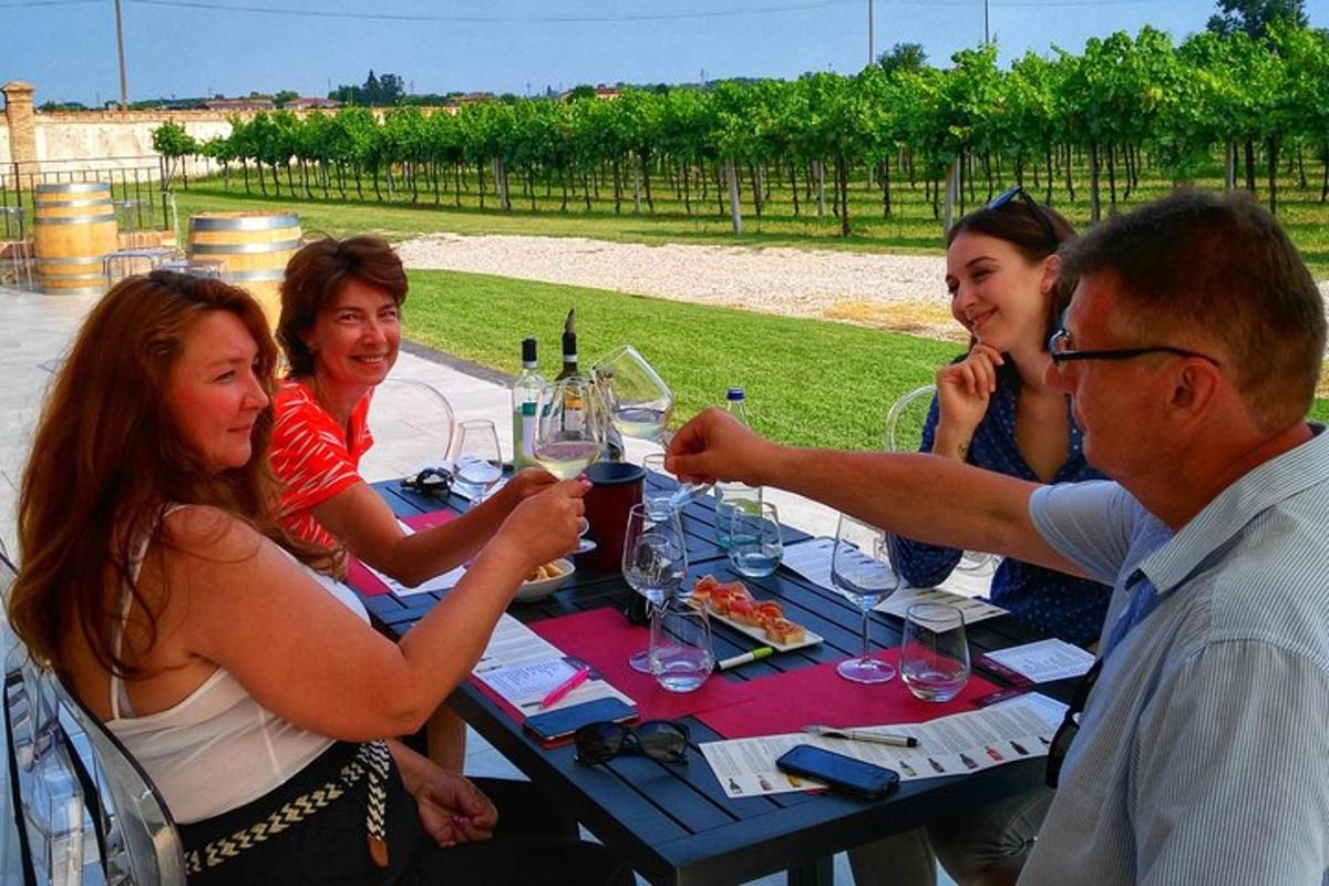 Un grupo de personas sentadas alrededor de una mesa con copas de vino.