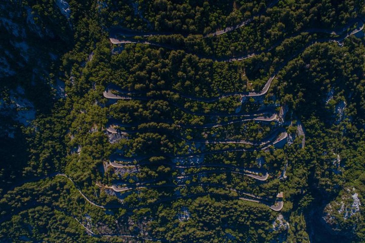 μια εναέρια άποψη ενός ποταμού σε ένα δάσος