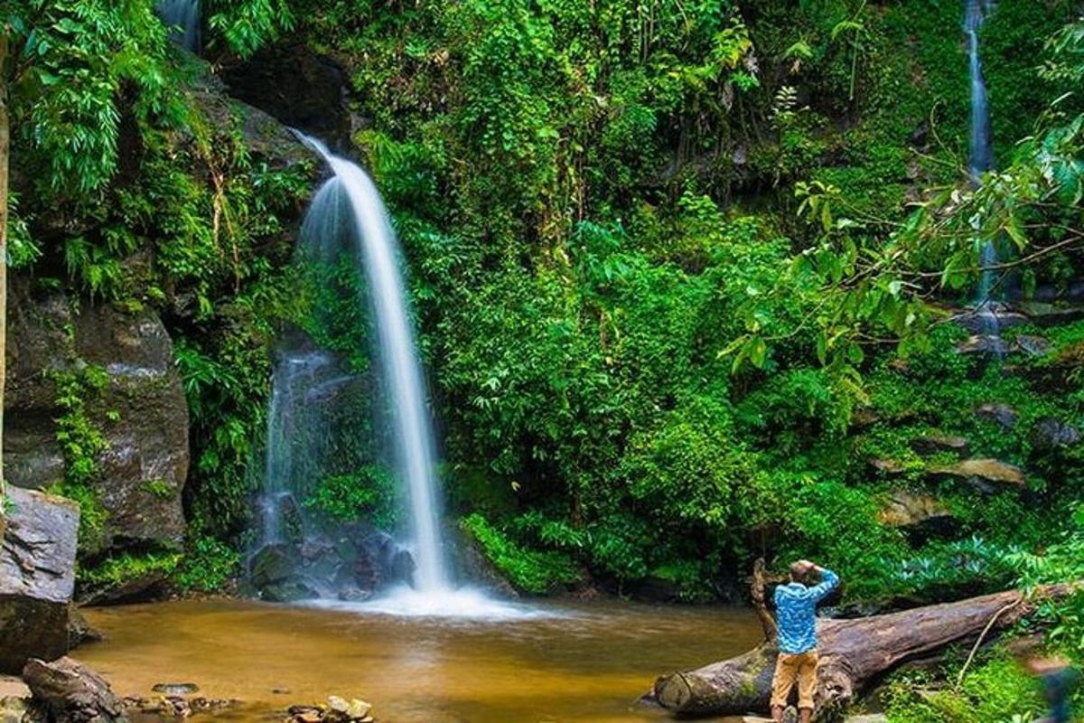 một người đàn ông đứng trên một khúc gỗ trước thác nước