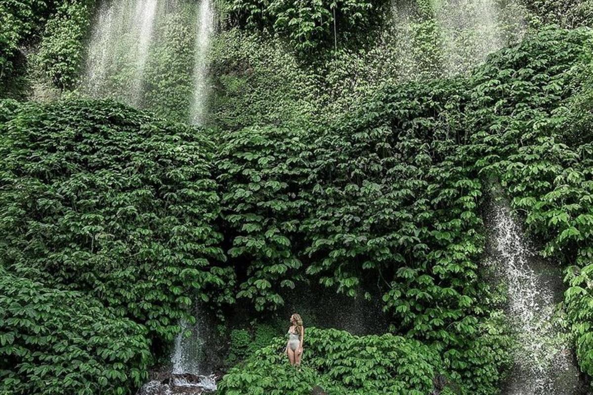 una donna è in piedi davanti a una cascata