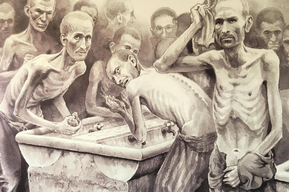 un dibuix d'un grup d'homes drets al voltant d'una pica