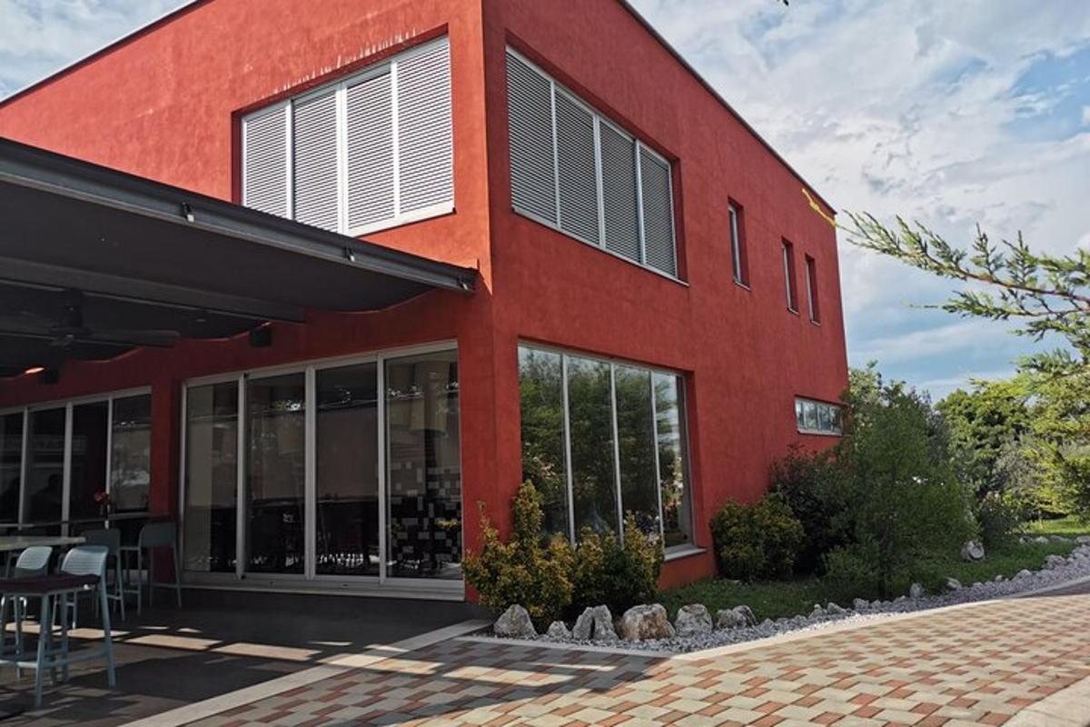 a red building with a lot of windows