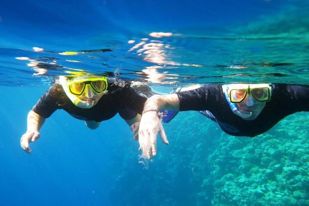 due persone con gli occhiali che nuotano nell'acqua