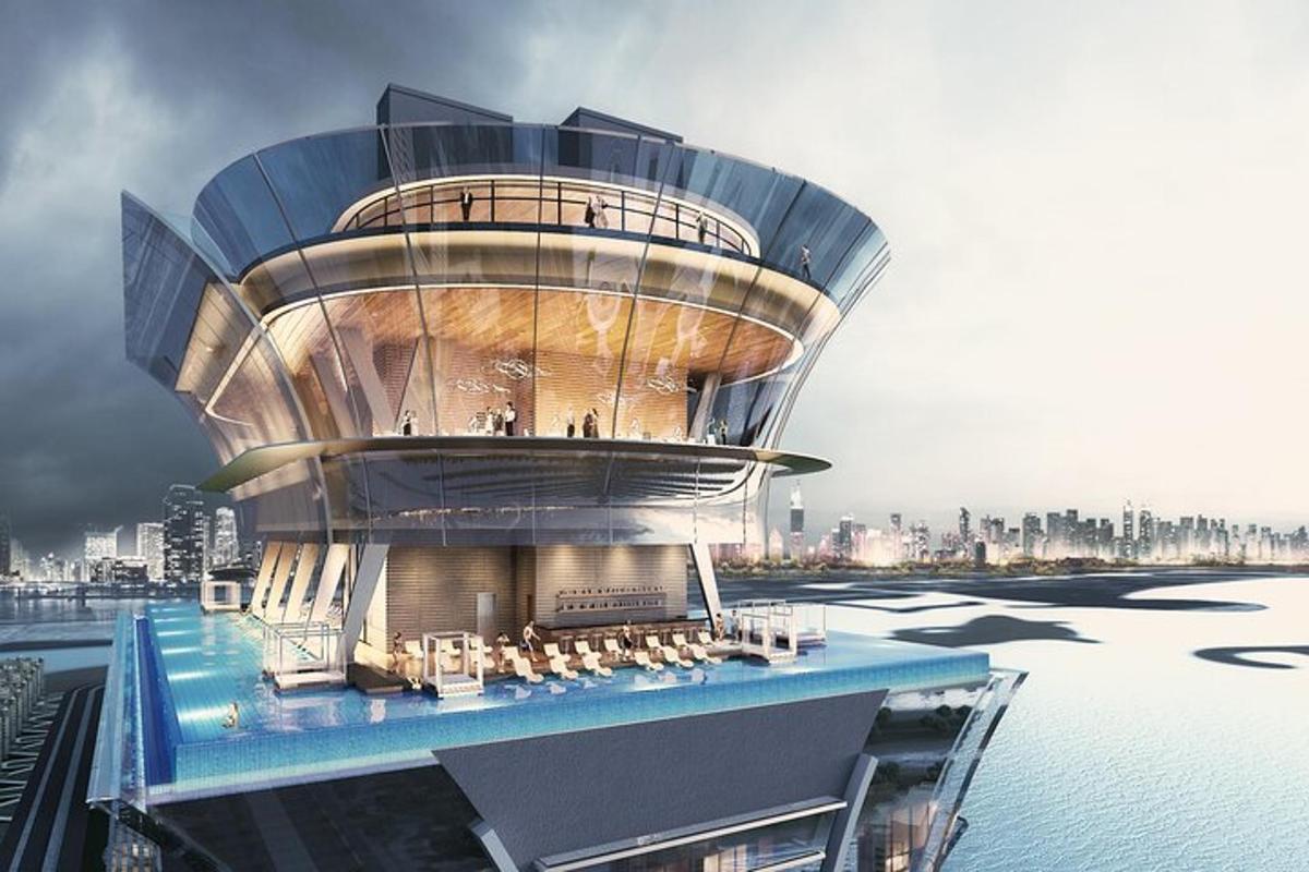 Una representación de un edificio junto al agua.