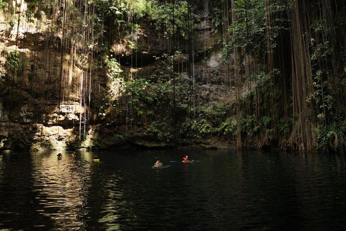 um grupo de pessoas nadando na água de uma caverna