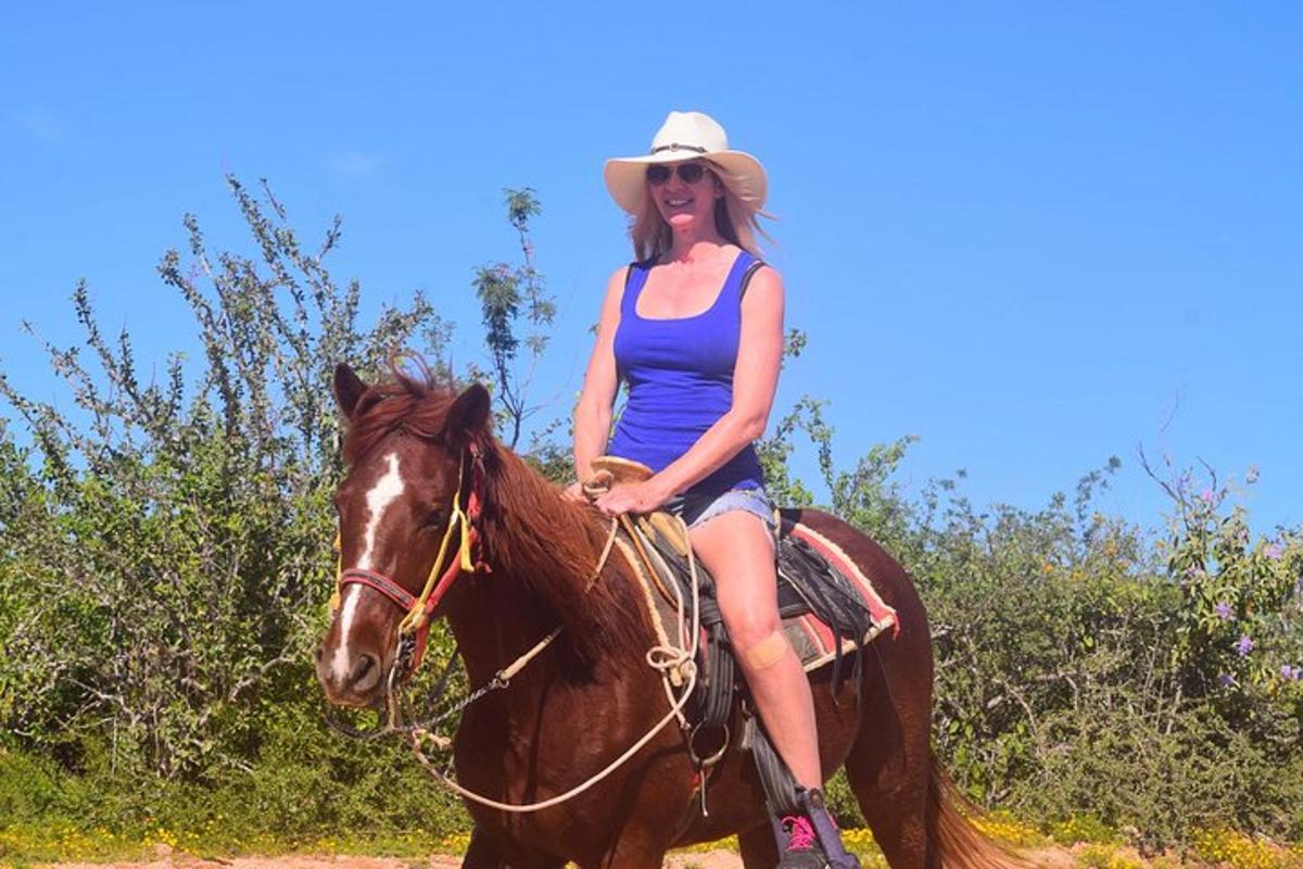 una donna è seduta su un cavallo
