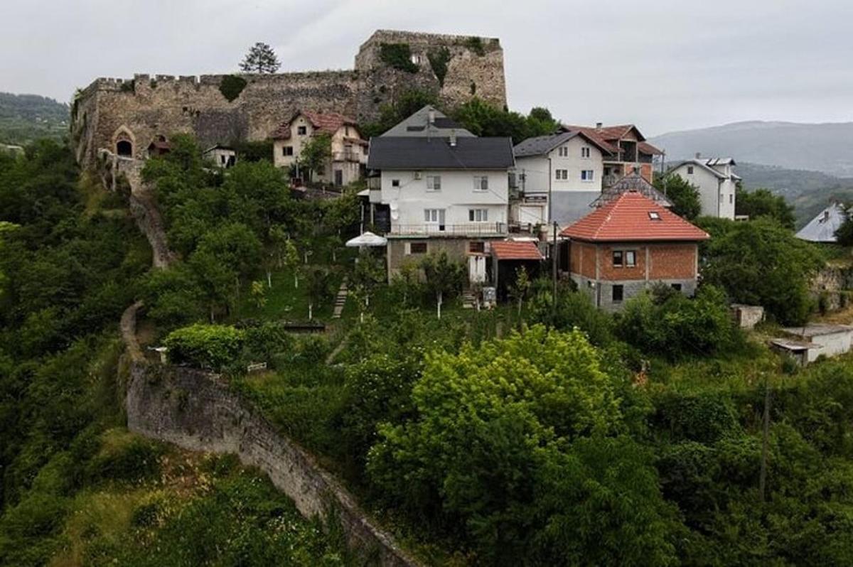un groupe de maisons sur une colline avec un château