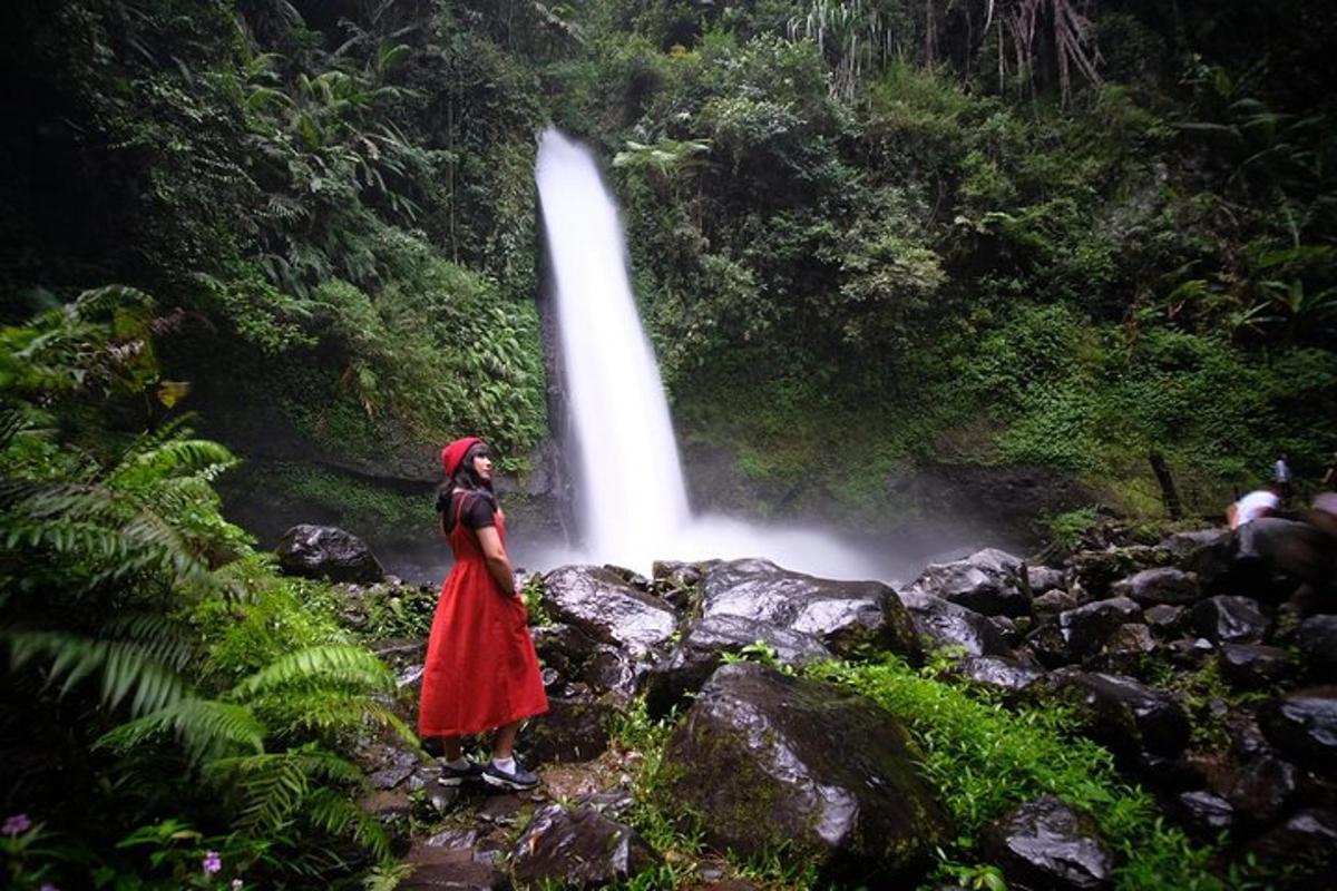 uma mulher de vestido vermelho parada em frente a uma cachoeira