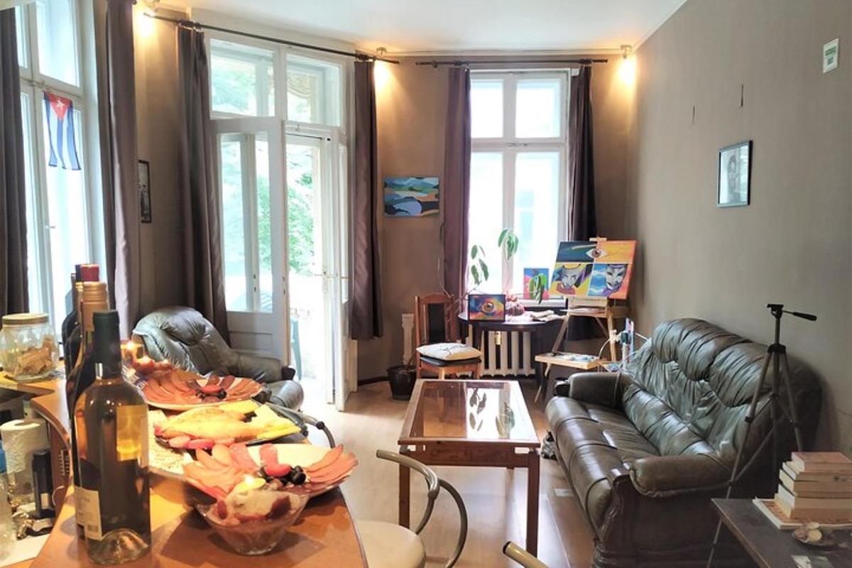 a living room with a couch and a table