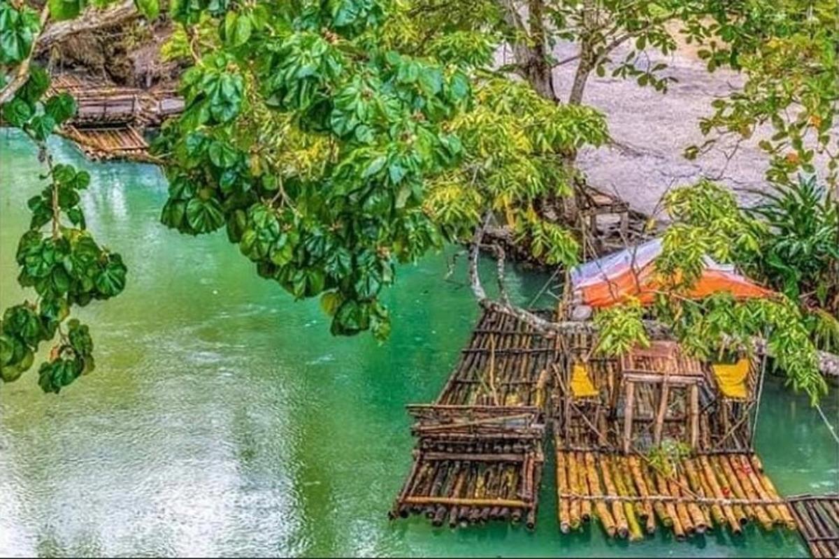 o pictură a unui râu cu copaci și clădiri
