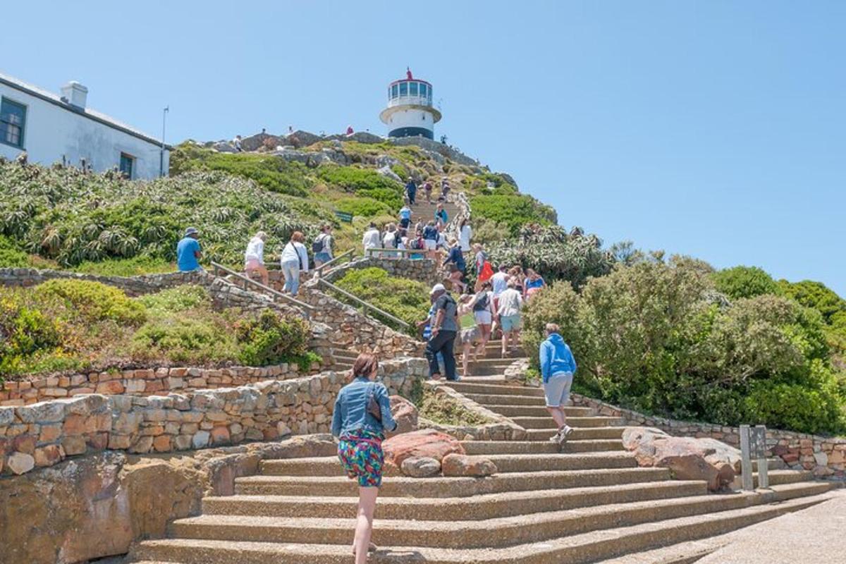 a group of people walking up the stairs to a lighthouse