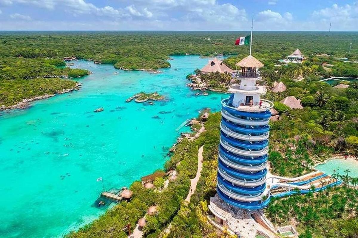 an island with a lighthouse next to a body of water