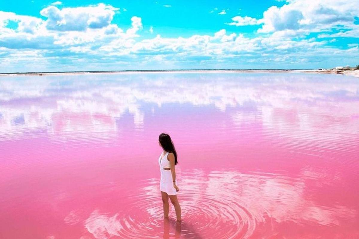 una donna in piedi nell'acqua rosa della spiaggia