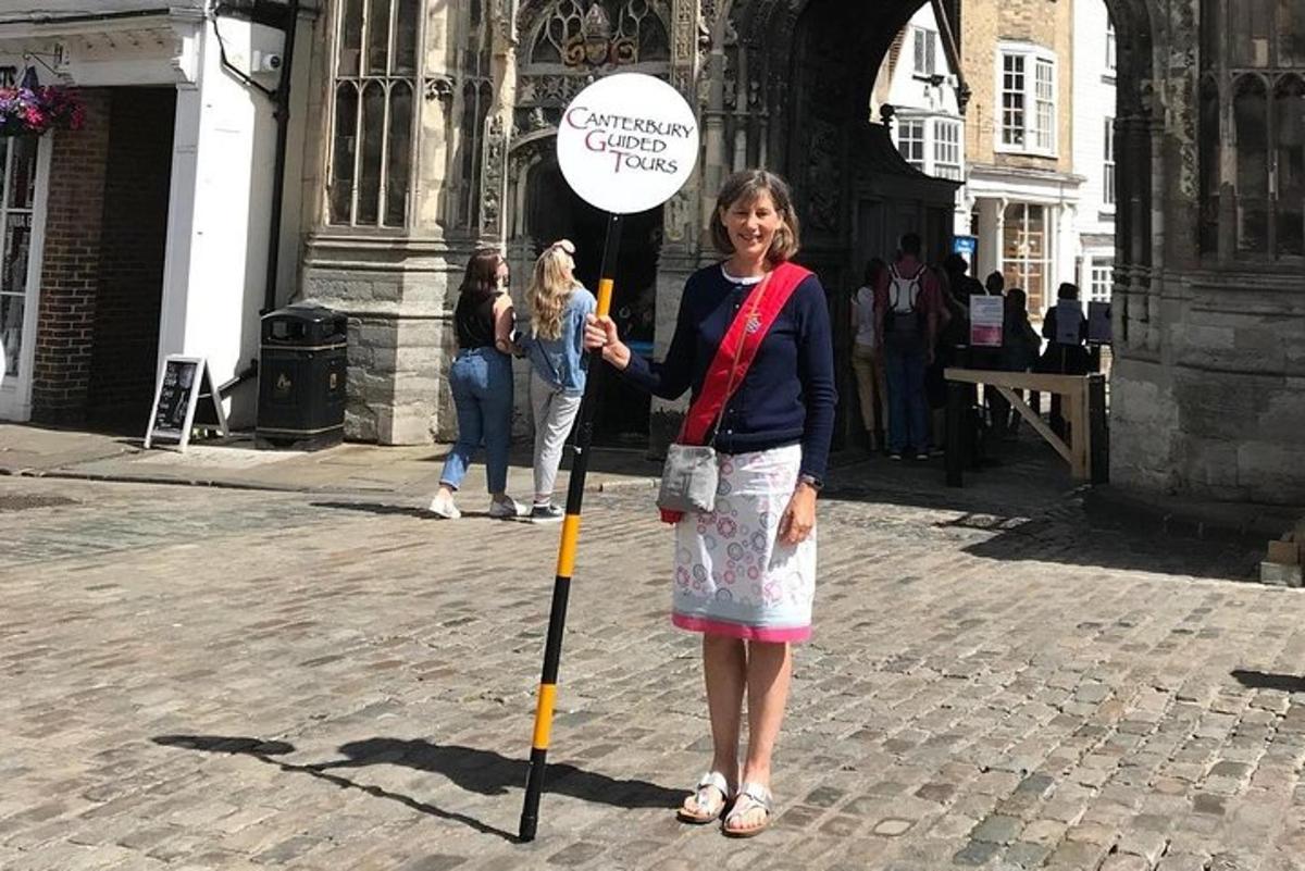 una donna tiene un cartello su un palo
