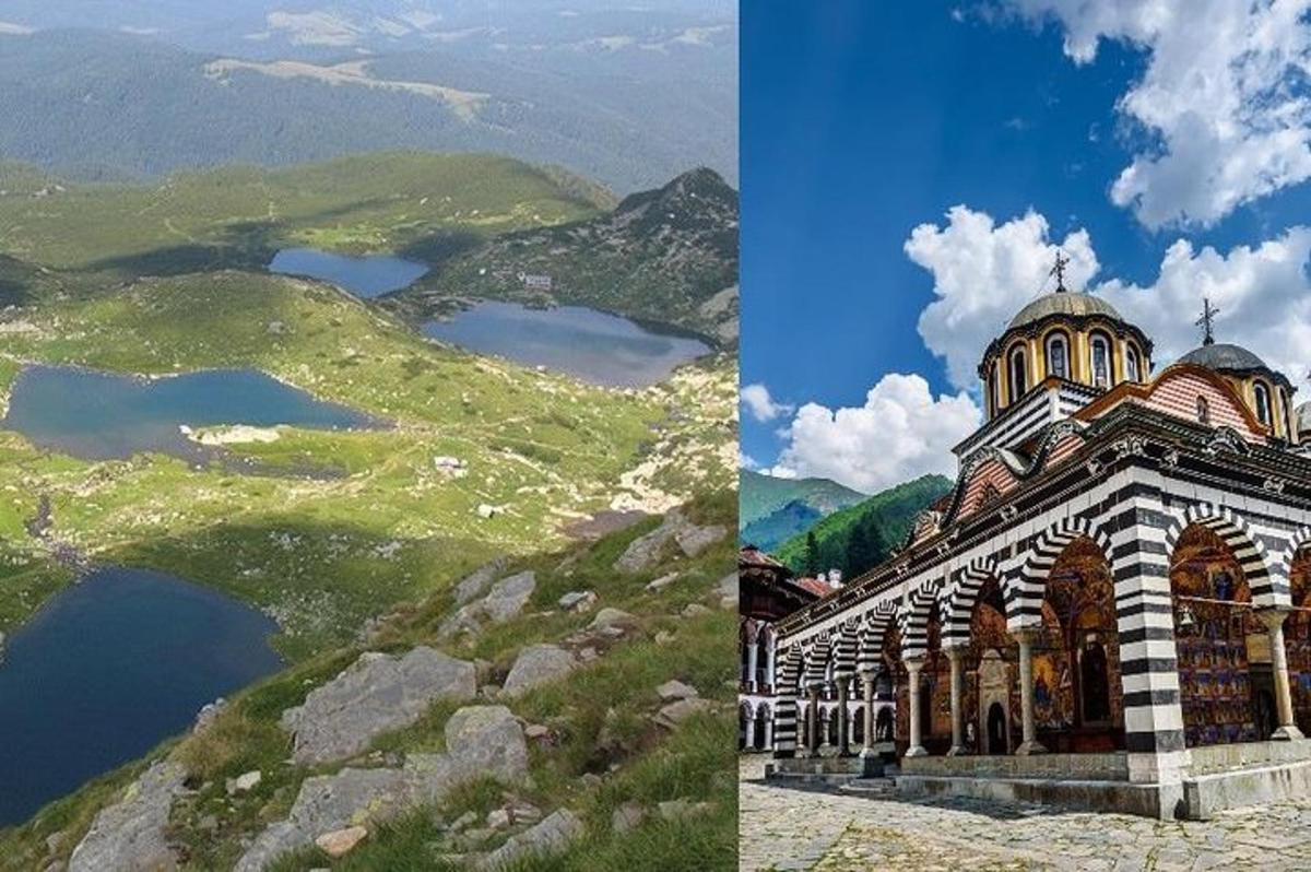 budova na vrcholu hory s jezerem