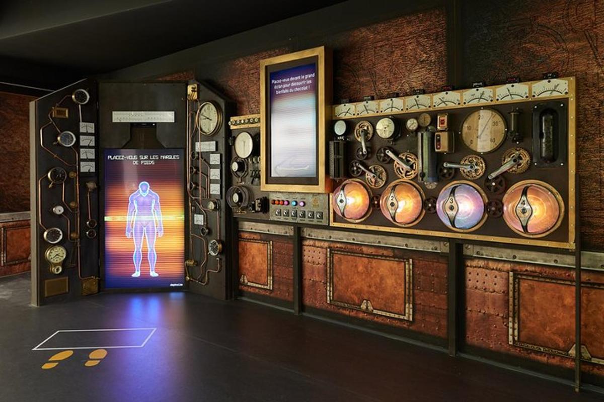 a room with clocks and a door with a man on it