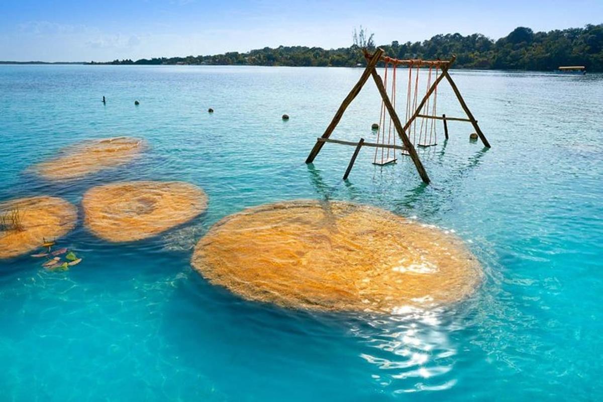 un cartello nell'acqua con un'altalena nell'acqua