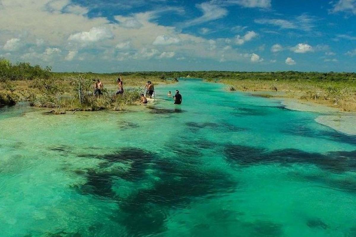 un gruppo di persone in piedi in un fiume