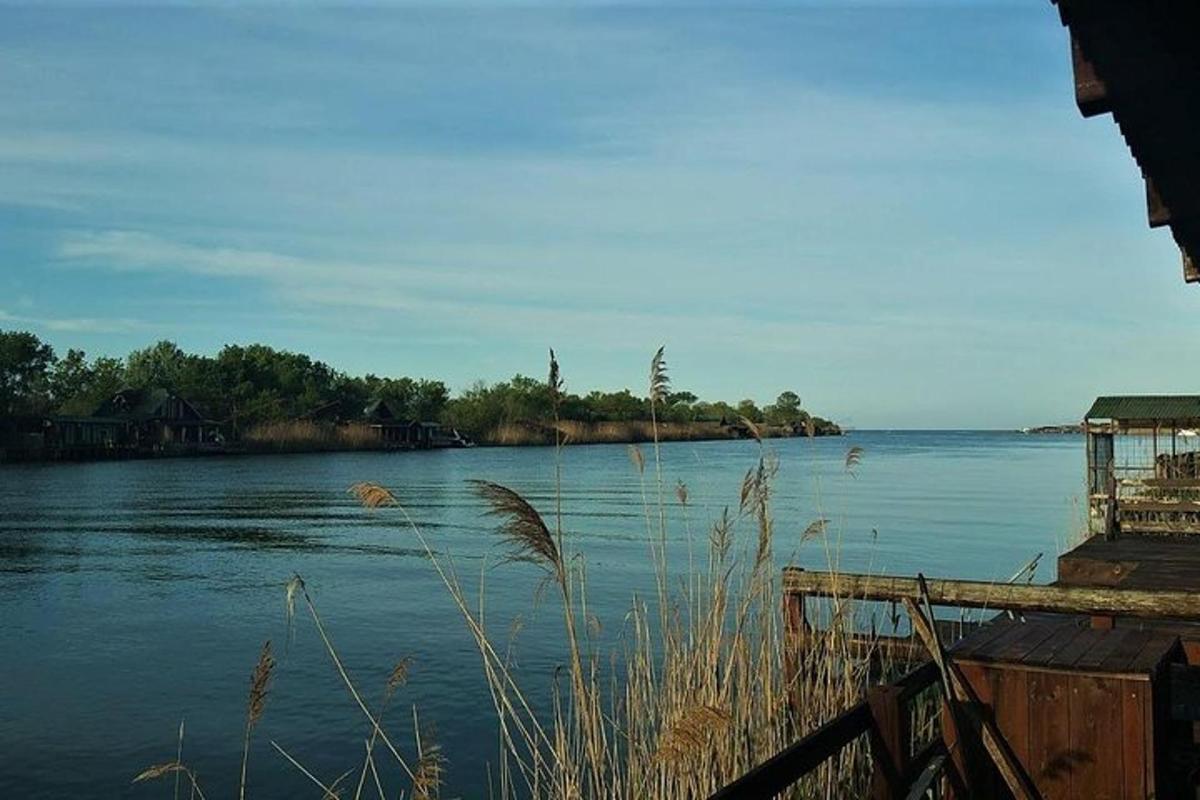 una vista di un grande fiume con case sulla riva
