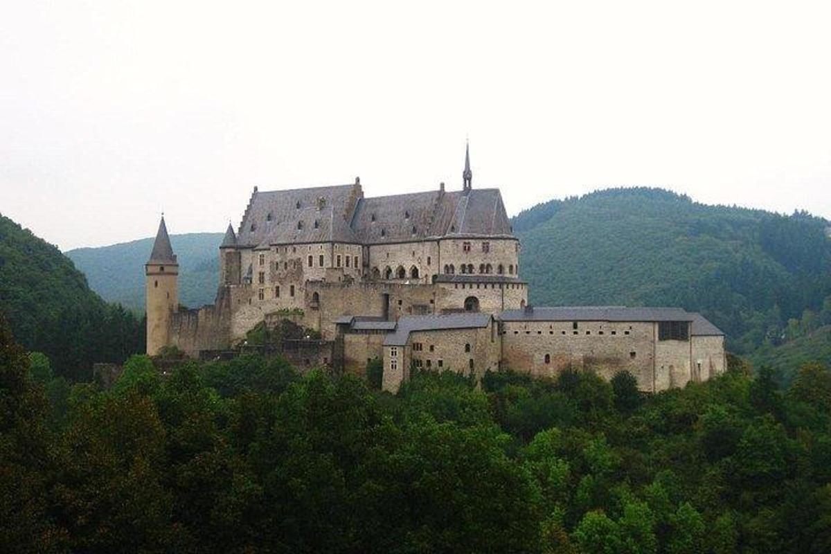hrad na vrcholu kopce se stromy