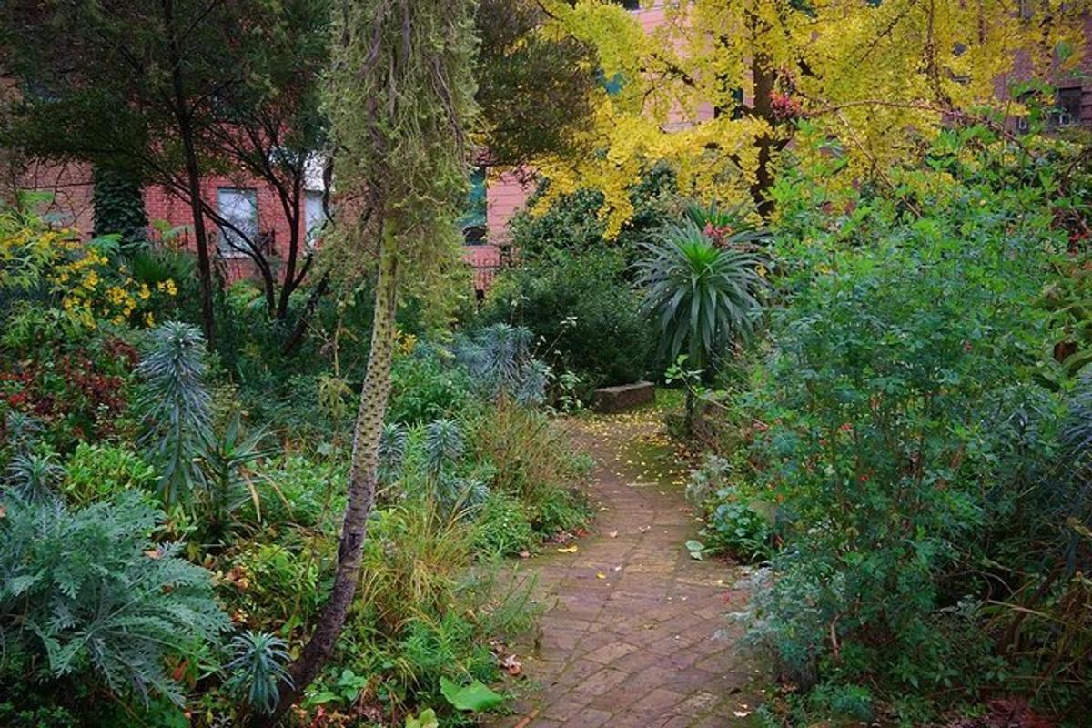 o alee de cărămidă printr-o grădină cu copaci și plante