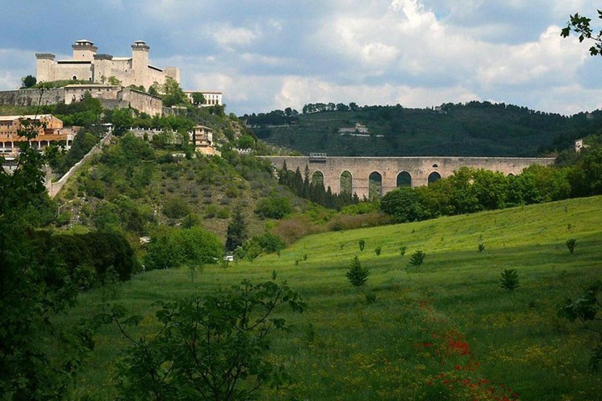 Un campo verde con un castillo en la cima de una colina