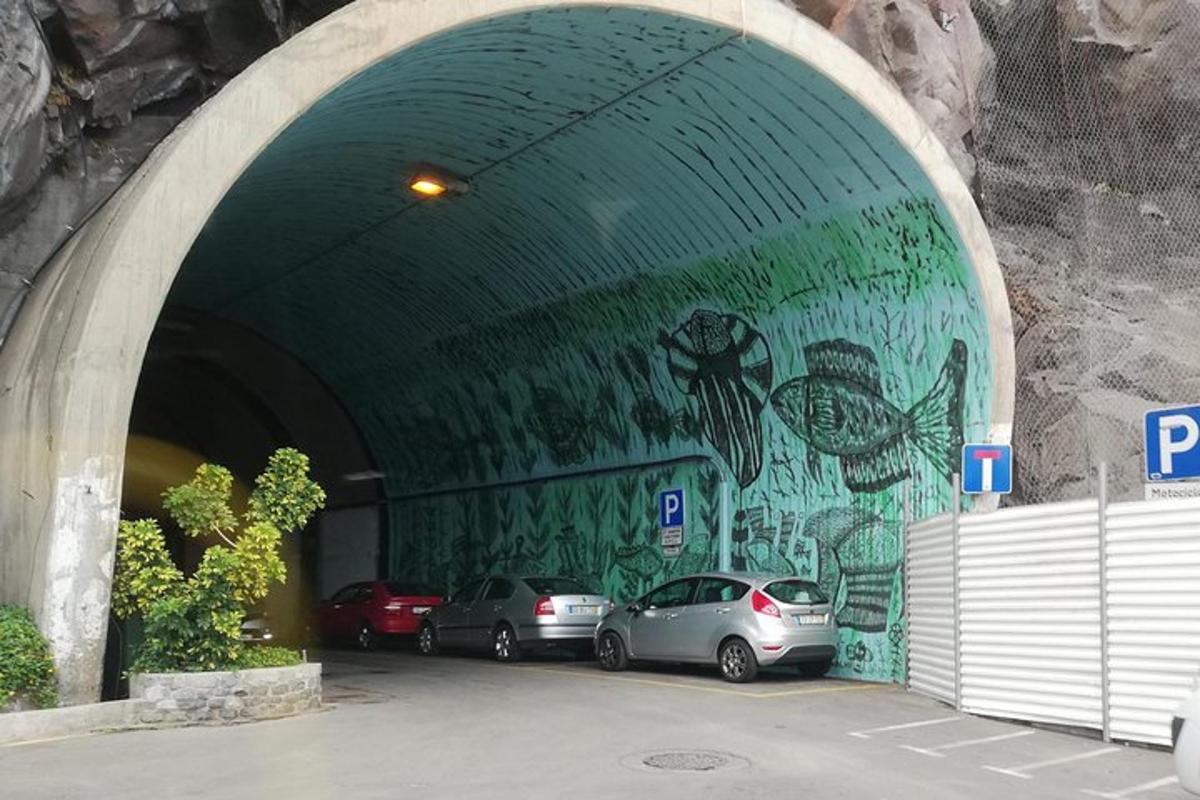 tunel s auty zaparkovanými před nástěnnou malbou