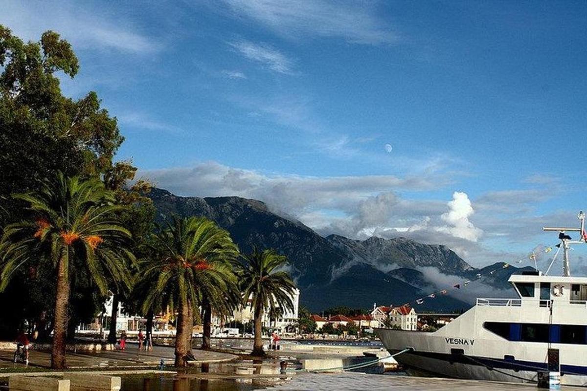 una barca attraccata in un porto turistico con palme e montagne
