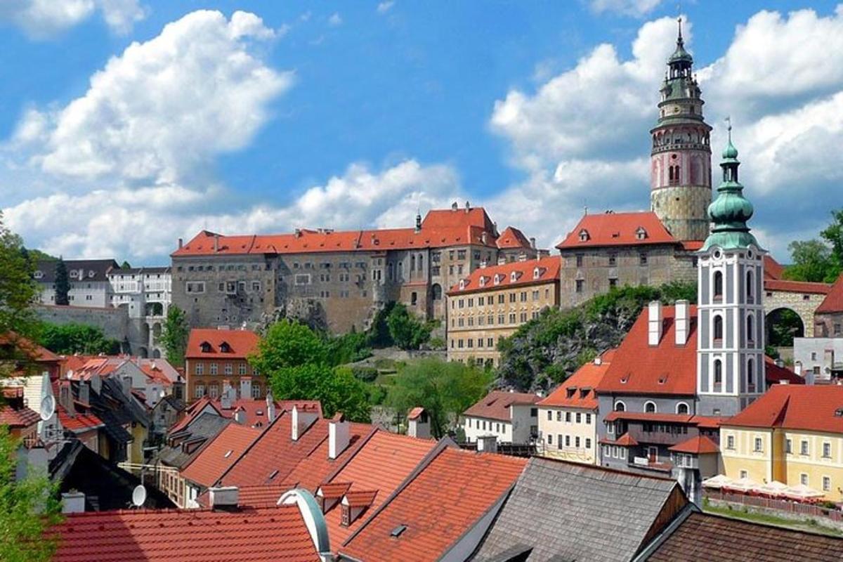 una vista di una città con un castello e tetti
