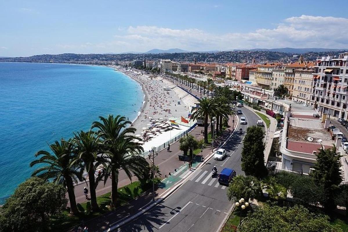 an aerial view of a beach with palm trees and buildings