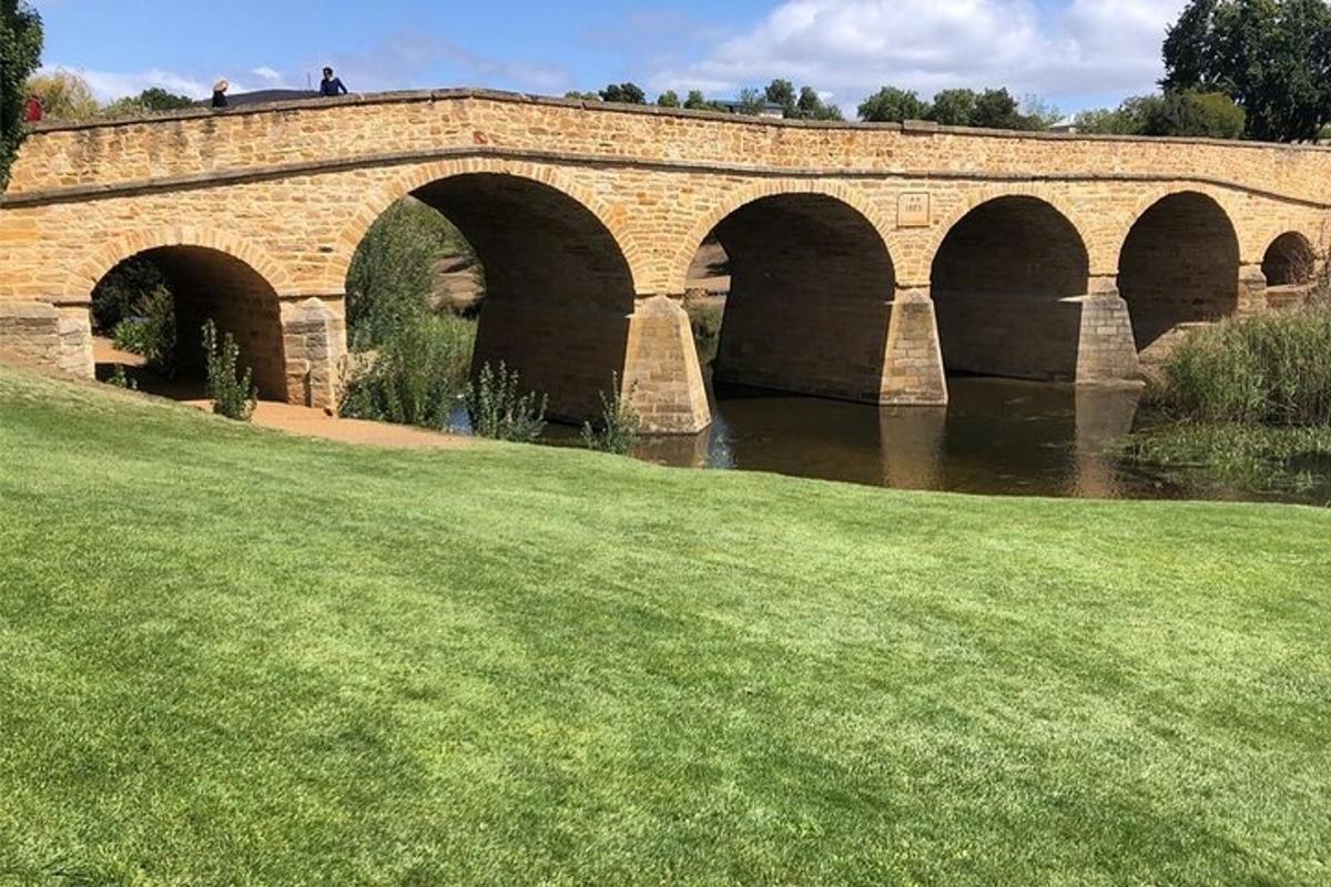 un ponte sopra un fiume con un campo erboso