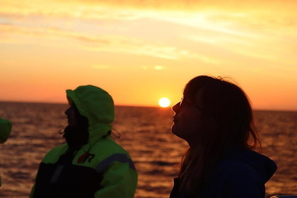 um grupo de pessoas em pé na praia assistindo ao pôr do sol