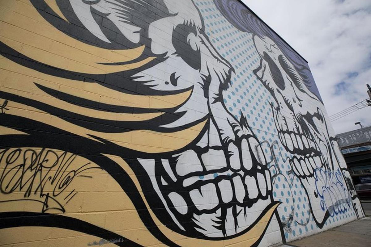 a wall with a painting of a skull on it