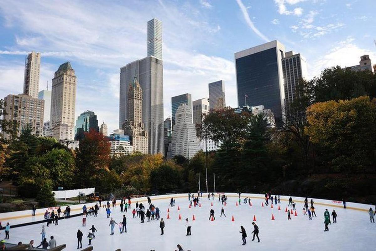 a group of people skating on an ice rink in a city