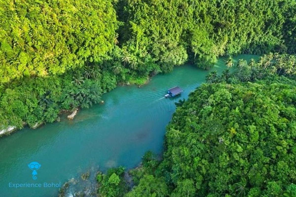 an aerial view of a river with a boat on it