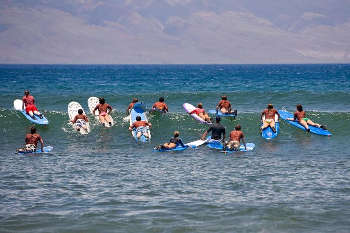 Un grupo de personas en tablas de surf en el agua.