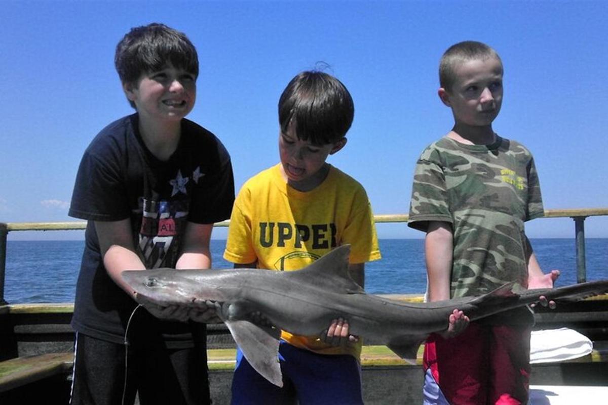 three boys holding a shark in front of the ocean