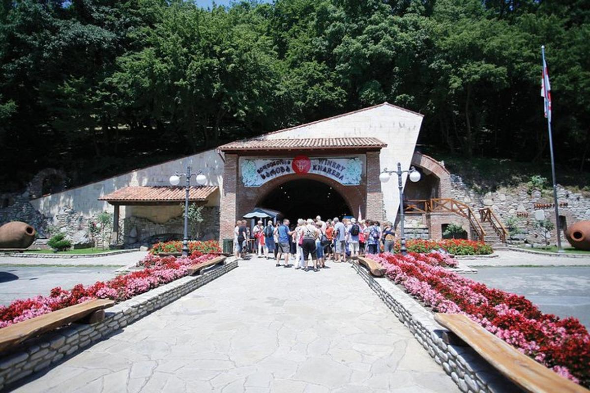 skupina ljudi, ki stojijo pred tunelom s cvetjem
