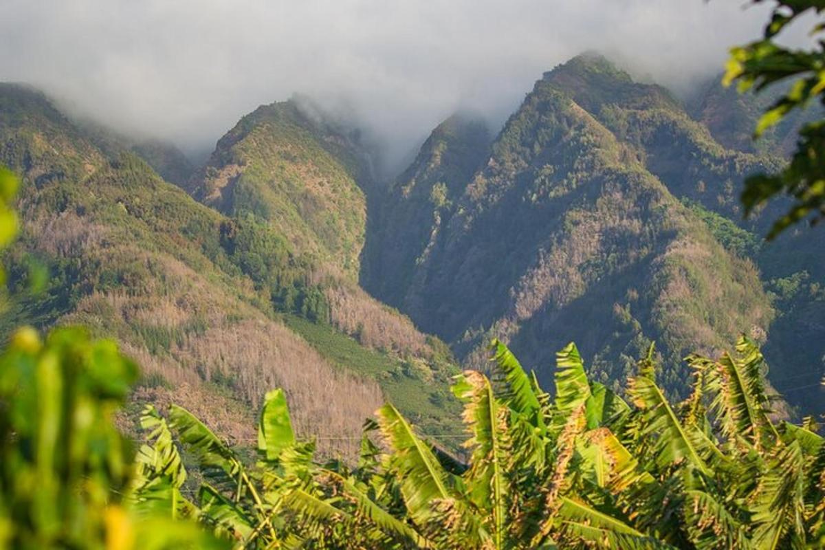 uma vista de uma cadeia de montanhas com nuvens sobre ela