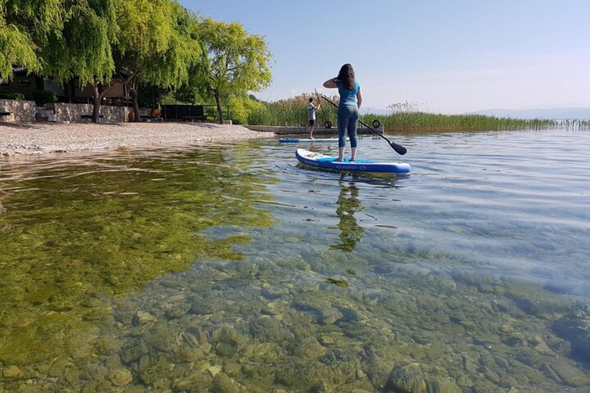 eine Frau, die auf einem Paddleboard im Wasser steht