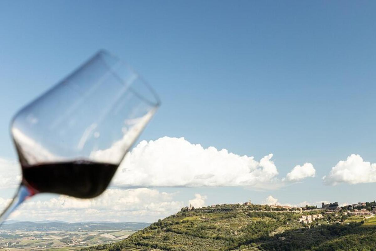 Una copa de vino tinto frente a una colina
